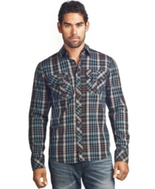 This plaid shirt from Affliction may have western style but it's going to fit right in when you hit the club.