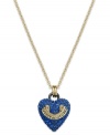 Love that glitters. Juicy Couture's pendant necklace features a darling heart charm embellished with blue pave crystals. Finished with a gold tone logo banner. Crafted in gold tone mixed metal. Approximate length: 30 inches + 3-inch extender. Approximate drop: 1 inch.