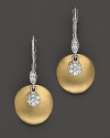 Gold earrings are accented with diamond pavé, for pierced ears. Designed by Meira T.