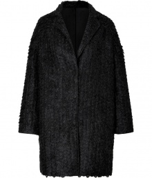 Cold weather looks get an ultra cool infusion with Vanessa Brunos jet black textural mohair mix coat, tailored with a contemporary cut for an edgy urban finish - Notched lapel, long sleeves, hidden front closures, relaxed oversized fit - Pair with slim fitting trousers and fashion-forward boots