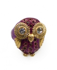 Eyes so big she'll melt your heart. Give an owl a home with RACHEL Rachel Roy's ring crafted from gold-plated mixed metal and purple apoxy with crystal accents. Adjustable sizing; one size fits most.