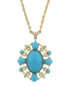 This season is all about stand out accessories. 2028's dramatic pendant sits on a trendy long chain and brings a pop of color with turquoise acrylic and clear glass accents. Set in gold tone mixed metal. Approximate length: 28 inches. Approximate drop: 1-3/4 inches.