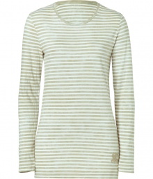 Stylish stripes are a perennial staple on our fashion agenda, and Burberrys long sleeve t-shirt lends the look a ready cool - Soft, lightweight cotton blend features a lightly faded pale green and khaki stripe motif - Long, lean cut hits below hips - Classic crew neck and long sleeves - Embroidered Burberry logo at hem - Casually chic, perfect for pairing with skinny denim, cigarette pants and leather leggings