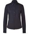 Elevate your workwear wardrobe with stylish staples like Jil Sander Navys luxe, midnight blue cotton stretch blouse - Slim, feminine cut tapers gently through waist - Contrast piping at collar and button placket - Long, cuffed sleeves and rounded hem - Polished and versatile, ideal for pairing with a blazer and suit trousers or with a cardigan and pencil skirt