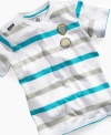 Feeling fresh. Add some crisp to his casual style with this striped, v-neck t-shirt from Akademiks.