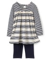 A reliable pairing you can count on, with on-trend horizontal stripes and ruffled detailing over solid leggings.