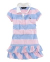 The sporty rugby shirt is the inspiration for a short-sleeved dress in striped cotton jersey, prettily finished with a flounced skirt.