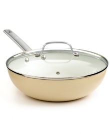 Embrace a healthier approach to prepping your favorite dishes. A ceramic nonstick interior and aluminum body promote low-fat to no-fat cooking with a quick release surface that evenly heats food and cleans up quick. The glass lid with vent hole traps in moisture, nutrients and fantastic flavor, and riveted stainless steel handles provide a secure, confident grip. Lifetime warranty. Embrace a healthier approach to prepping your favorite dishes. A ceramic nonstick interior and aluminum body promote low-fat to no-fat cooking with a quick release surface that evenly heats food and cleans up quick. The glass lid with vent hole traps in moisture, nutrients and fantastic flavor, and riveted stainless steel handles provide a secure, confident grip. Lifetime warranty.