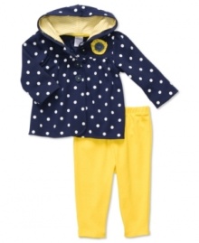 Vibrant polka dots and bright pants give this adorable hoodie and pants set from Carter's its playful and pretty personality. Vibrant polka dots and bright pants give this adorable hoodie and pants set from Carter's its playful and pretty personality.