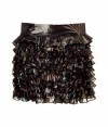 Adorable black lame mini skirt from Marc by Marc Jacobs - Make a stylish impact with this party-perfect tiered mini skirt - Sunburst metallic print, wide waistband, tiered lame ruffles - Style with a draped tank, boyfriend blazer, and peep-toe platforms