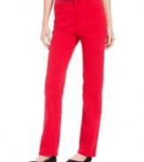 Jones New York Signature's straight-leg petite jeans make a statement in a rich, cherry wash and sparkling embellished back pockets.