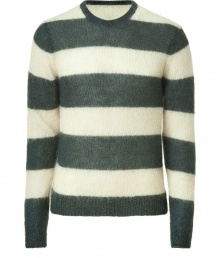 Collegiate stripes get a kick of downtown cool in Marc by Marc Jacobs oatmeal mohair blend pullover - Rounded neckline, long sleeves, ribbed trim, fitted - Pair with jeans, chinos or cords Collegiate stripes get a kick of downtown cool in Marc by Marc Jacobs oatmeal mohair blend pullover - Rounded neckline, long sleeves, ribbed trim, fitted - Pair with jeans, chinos or cords
