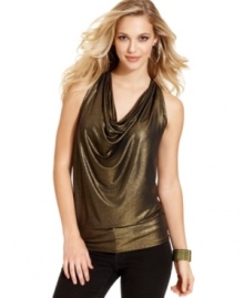 Channel disco-era glamor in Cha Cha Vente's metallic cowl-neck top. Pair it with skinny jeans for your next night on the town! Channel disco-era glamor in Cha Cha Vente's metallic cowl-neck top. Pair it with skinny jeans for your next night on the town!