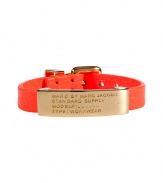 Inject an edge of attitude into your look with Marc by Marc Jacobs bright orange leather ID bracelet - Buckled leather band and gold-toned brass logo engraved ID plate - Wear alone, or stacked up high with colorful bangles