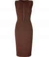 Turn heads with this sexy chocolate-brown dress in stretch synthetic fabric - Strategically placed cuts from neckline to waist make it revealing while still maintaining sophistication - Sleeveless with wide straps - Body-hugging silhouette - Hem falls at knee length - Pair for a party with a thin leather jacket, stacked heels and a clutch