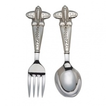 Off we go, into the wild blue yonder! Imaginations of little would-be aviators will absolutely soar with this fun collection. New items are gift boxed with special Zoom Zoom packaging sleeves. Flatware is stainless steel with nickel-plated handles. Includes one baby fork and one infant feeding spoon. Off we go, into the wild blue yonder! Imaginations of little would-be aviators will absolutely soar with this fun collection. New items are gift boxed with special Zoom Zoom packaging sleeves. Flatware is stainless steel with nickel-plated handles. Includes one baby fork and one infant feeding spoon.