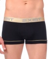 From the new 2(x)ist Gold Range: A No Show Trunk with the company's signature Contour Pouch and a waistband that rests two inches below the hip, gold seam accents, and a metallic waistband.