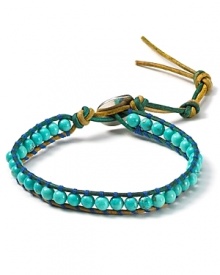 Chan Luu's must have wrap bracelets, crafted of leather cord and multi colored stones, perfect eclectic style. This turquoise piece is a cooly hued way to work the look.