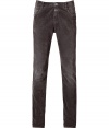 Stylish pants in fine grey cotton stretch blend - Ultra-fine wale corduroy - Slim, straight cut tapers at ankles - Lighter color through knees - Classic five-pocket styling with belt loops and button closure - A cool, comfortable basic that is truly versatile - Pair with pullovers, button downs and blazers and style with lace-up boots or oxfords