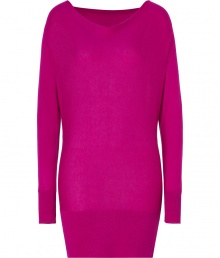 Paint bright color into your chic knitwear collection with DKNYs radiant hot pink pullover - Wide neckline, dolman long sleeves, fine ribbed trim - Long, lean fit - Wear as a mini-dress with opaque tights, or layer over leather leggings with sleek ankle boots