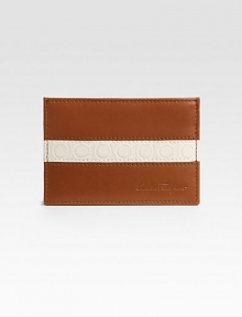 Italian calfskin leather case, detailed with an embossed band of the distinctive gamma and loop pattern.Three card slots4½W X 3HMade in Italy Italian calfskin leather case, detailed with an embossed band of the distinctive gamma and loop pattern.Three card slots4½W X 3HMade in Italy