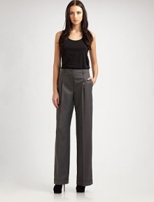 EXCLUSIVELY AT SAKS in Flint Melange. Wide-leg, cuffed silhouette tailored in soft, stretch wool flannel.Belt loops Front zipper Single front pleats Slash pockets Cuffed hem Back waist darts Inseam, about 32 97% virgin wool/3% elastaneDry cleanImported of Italian fabric 