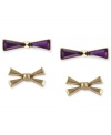 Tie something new. The stud earrings in this set from BCBGeneration are crafted of gold-tone mixed metal, and feature purple and gold-tone faceted stones to create whimsical bows. The earrings also have friction back closures. Approximate drop: 1/10 inch.