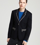 MARC BY MARC JACOBS brings wit to your wardrobe with this clever blazer, featuring cool contrasts at the collar, pockets and back of the sleeves for fun designer flair.
