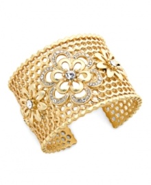 Let your romantic side shine. Charter Club's whimsical cuff bracelet features a chic, open-cut design, and flowers accented by sparkling glass. Crafted in gold tone mixed metal. Approximate diameter: 2-1/2 inches.