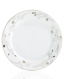 Wildflowers take off on glazed white porcelain, sparkling as they tumble aimlessly around these Platinum Silhouette Round dinner plates from Charter Club dinnerware. The dishes have a banded edge that adds a classic touch to a pattern with modern spirit. Wildflowers take off on glazed white porcelain, sparkling as they tumble aimlessly around these Platinum Silhouette Round dinner plates from Charter Club dinnerware. The dishes have a banded edge that adds a classic touch to a pattern with modern spirit.