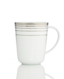 Bands of platinum go round and round on Charter Club's Infinity mug for a look of timeless splendor. Simply brilliant in lustrous white porcelain, it makes any occasion special. Bands of platinum go round and round on Charter Club's Infinity mug for a look of timeless splendor. Simply brilliant in lustrous white porcelain, it makes any occasion special.