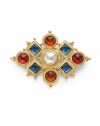 THE LOOKByzantine collectionDiamond-shaped designColored glass stone and faux pearl accents24k electroplated gold settingLatch closureTHE MEASUREMENTWidth, about 3Length, about 4ORIGINMade in USA