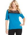 Lend a romantic flair to your style with Charter Club's elbow sleeve plus size top, featuring a lace yoke.