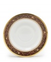 Add drama to your tabletop with this bold pattern from Noritake! Strikingly elegant, this bone china features a rich gold and red brocade border adorned with soft ivory dots and a gold band.