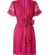 With its ultra feminine styling and bright shades of magenta, Anna Suis printed silk dress is a romantic choice for dressing up day and evening looks alike - V-neckline, sheer short sleeves with lace trim, gathered waist detail with self-tie sash, lace border around the hemline - Softly tailored fit - Wear with bright heels and a form-fitting leather jacket