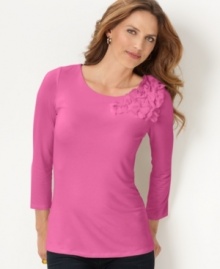 A floral flourish at the shoulder of this top from Charter Club's collection of petite apparel dresses up the casual silhouette, making it perfect for work or play. (Clearance) A floral flourish at the shoulder of this top from Charter Club's collection of petite apparel dresses up the casual silhouette, making it perfect for work or play. (Clearance)