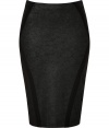 An exquisitely modern choice for business to cocktails looks, Donna Karans coated stretch pencil skirt cuts a flattering feminine figure no matter how you wear it - Black contoured seaming, elasticized waistline, pulls on - Form-fitting - Team with feminine tops and standout statement accessories