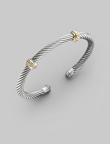 From the Thoroughbred Collection. A signature Yurman sterling silver cable, richly adorned with two textured bands of 14k gold. Sterling silver & 14k yellow gold Cable, 5mm Diameter, about 2¼ Made in USA