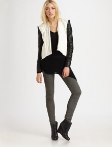 Ruched leather sleeves pair with crushed linen in this cropped and contoured blazer.V necklineSingle-button closureContour hemAbout 24 from shoulder to hem41% linen/27% cotton/21% polyester/11% metallic fibersDry clean by a leather specialistImportedModel shown is 5'9½ (177cm) wearing US size 4.OUR FIT MODEL RECOMMENDS ordering true size. Ruched leather sleeves pair with crushed linen in this cropped and contoured blazer.V necklineSingle-button closureContour hemAbout 24 from shoulder to hem41% linen/27% cotton/21% polyester/11% metallic fibersDry clean by a leather specialistImportedModel shown is 5'9½ (177cm) wearing US size 4.OUR FIT MODEL RECOMMENDS ordering true size.