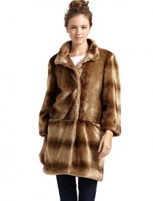 THE LOOKPlush faux fur in a variegated stripe patternStand collarSnap frontLong sleevesDual seam pocketsDropped waistBack princess seamsTHE FITAbout 37 from shoulder to hemTHE MATERIALAcrylic/polyester Fully linedCARE & ORIGINDry cleanImportedModel shown is 5'11 (180cm) wearing US size Small. THE LOOKPlush faux fur in a variegated stripe patternStand collarSnap frontLong sleevesDual seam pocketsDropped waistBack princess seamsTHE FITAbout 37 from shoulder to hemTHE MATERIALAcrylic/polyester Fully linedCARE & ORIGINDry cleanImportedModel shown is 5'11 (180cm) wearing US size Small.