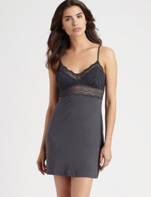 A seductive style with chevron lace accents and the added comfort of stretch.Scalloped V necklineThin strapsAbout 33 from shoulder to hem50% triacetate/33% nylon/17% elastaneHand washMade in Italy A seductive style with chevron lace accents and the added comfort of stretch.Scalloped V necklineThin strapsAbout 33 from shoulder to hem50% triacetate/33% nylon/17% elastaneHand washMade in Italy