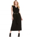 A belted waist lends a lean silhouette to Calvin Klein's cap sleeve plus size maxi dress-- dazzle from desk to dinner!