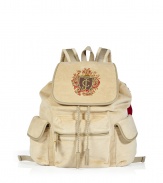 Tote around your everyday essentials in style with this sporty Juicy Couture velour backpack - Logo detailed top flap with drawstring closure, adjustable straps, multiple front pockets, decorative charms - Perfect for travel, work, or the gym