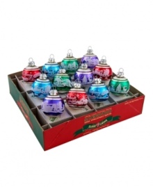 Give your tree some unexpected color with this set of mini flocked ornaments by Christopher Radko. Each Shiny Brite ball features a unique frosty scene, from skiing snowmen to Santa's sleigh. In icy blues, rich violet and, of course, Christmas green and red.