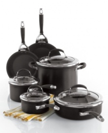 The cookware of professionals. This premium, hard-anodized cookware set is constructed with an exceptionally effective nonstick coating -- inside and out -- and an aluminum core that provides great, consistent cooking results. Limited lifetime warranty. The cookware of professionals. This premium, hard-anodized cookware set is constructed with an exceptionally effective nonstick coating -- inside and out -- and an aluminum core that provides great, consistent cooking results. Limited lifetime warranty.
