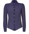 Elegant long sleeve blouse in ultra-fine purple silk - Sexy Y at collared neckline reveals a hint of d?colletage - X fabric detail at nape of neck - Slim fit, hits at waist - Traditional button closure - Very slightly sheer, perfect for layering with a silk or lace tank top - Wear with jeans for a more casual look or pair with a pencil skirt for extra polish