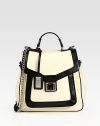 Gorgeous colorblock leather in a lady-like satchel finished with a chic chain-strap and jeweled turnlock closure.Top handle, 7 dropRemovable shoulder strap, 19½ dropTurnlock flap closureOne outside pocket under flapOne inside zip pocketTwo inside open pocketsOne money clipFully lined10¾W X 11H X 5½DImported