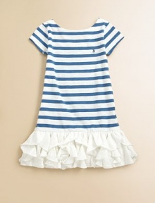 Sweet cascading ruffles adorn the hem of this striped frock for girly flair.BoatneckCap sleevesScoop backDrop-waistRuffled hemCottonMachine washImported Sweet cascading ruffles adorn the hem of this striped frock for girly flair.BoatneckCap sleevesScoop backDrop-waistRuffled hemCottonMachine washImported