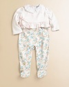 The softness of pima cotton and the sweetness of flowers and ruffles are perfect for bringing baby home in style. Cardigan V-neckLong sleeves with scalloped trimWrap front with ribbon tieRuffled hem Footie Ruffled crewneckLong sleevesBack snapsBottom snapsCottonMachine washImported Please note: Number of snaps may vary depending on size ordered. 