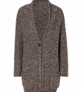 Cozy and exquisitely chic, Brunello Cucinellis modern knit cashmere-blend cardigan guarantees a luxurious finish to casual daytime looks - Rolled V-neckline, long sleeves, button closure, patch pockets, ribbed trim - Long silhouette, classic straight fit - Wear with bright white shirts and trend-favorite leather leggings